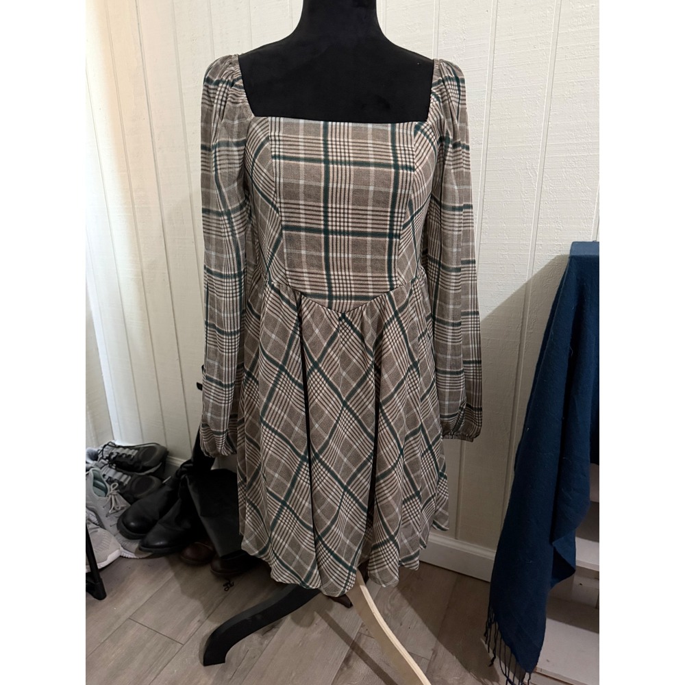 Copper Key Brown Green Plaid Square Neck Smocked Back Mini Dress NWT Size M